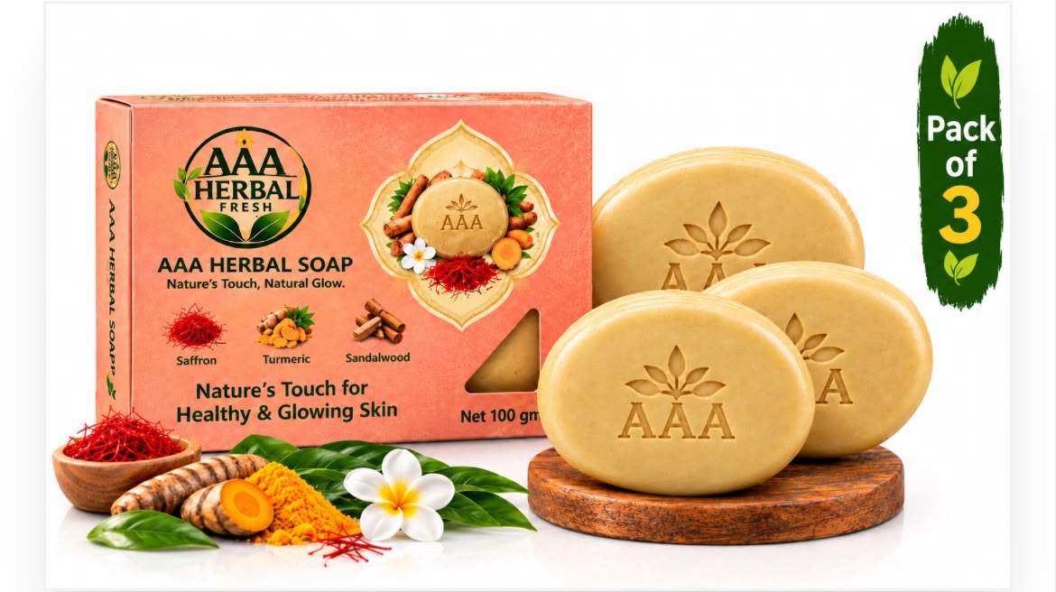 AAA Herbal Soap – Pack of 3 | Saffron, Turmeric & Sandalwood | Natural Herbal Soap